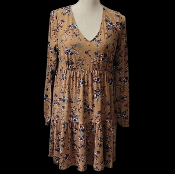 True Craft Dresses & Skirts - NWT True Craft Tan Floral Dress with Blue and Yellow Accents